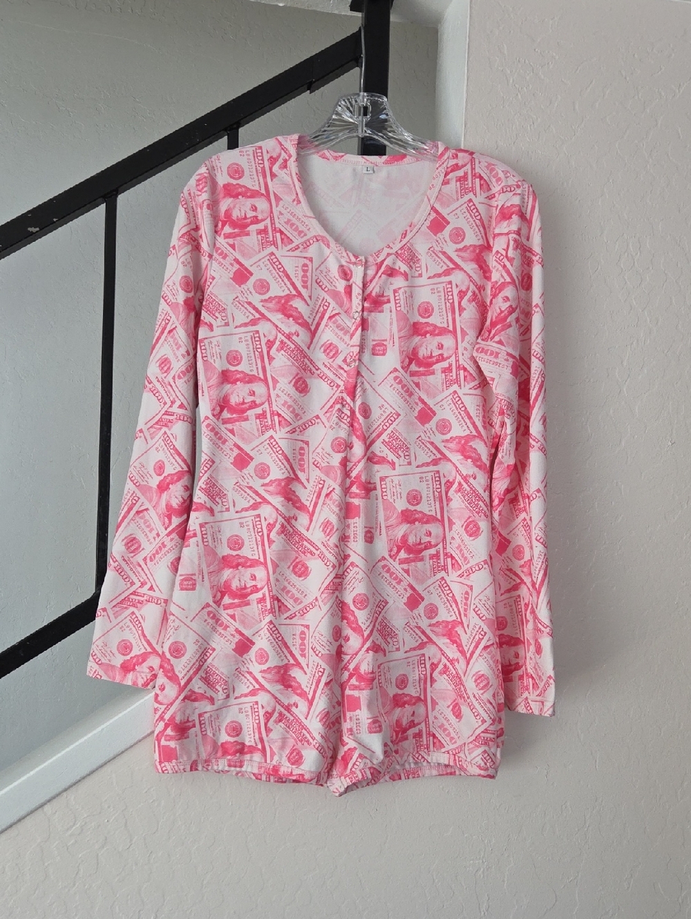 Pink Money Print Long-Sleeve Romper Pajama - Women